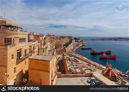 Valletta. The old harbor and port.. Seaport in the harbor of the city Valletta. Malta.