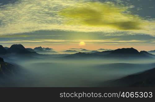 Valley among low mountains and hills covered with blue mist. Slowly the sun rises and bright yellow happy light floods the valley. In the sky, floating clouds. The camera is fast approaching the sun.