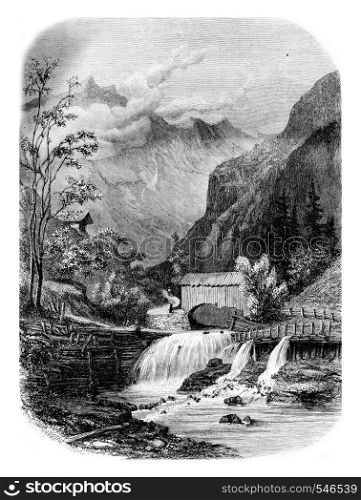 Valley between Giettaz Flumet and Col des Aravis, vintage engraved illustration. Magasin Pittoresque 1861.