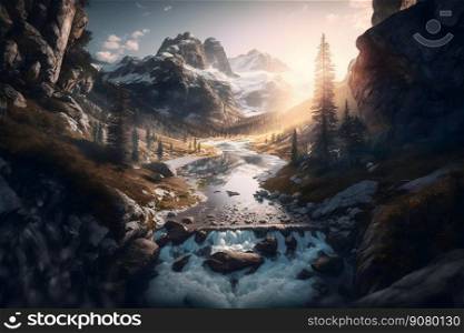 Valley landscape with trees and river in mountains. Neural network AI generated art. Valley landscape with trees and river in mountains. Neural network AI generated