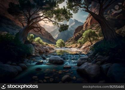 Valley landscape with trees and river in mountains. Neural network AI generated art. Valley landscape with trees and river in mountains. Neural network AI generated