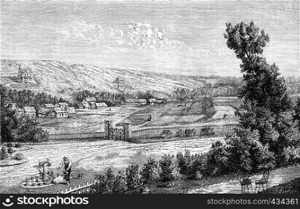 Valley Puys, view from the garden of M.Alexandre Dumas, vintage engraved illustration. Journal des Voyages, Travel Journal, (1879-80).