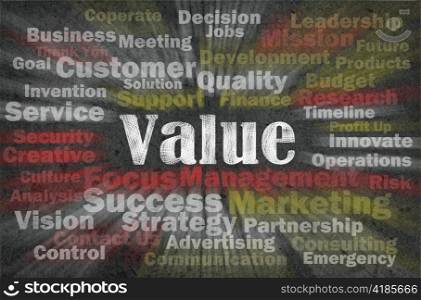 Value word with business related words on retro background
