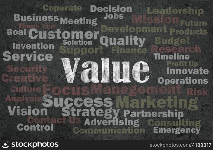 Value word with business related words on retro background