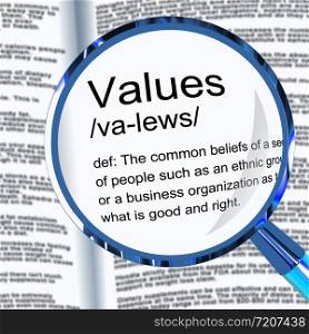 Values concept icon means honesty and moral code of conduct. Fair social attitude and ethics - 3d illustration. Values Definition Magnifier Showing Principles Virtue And Morality