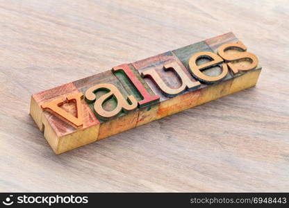 values word abstract in letterpress wood type blocks stained by color inks