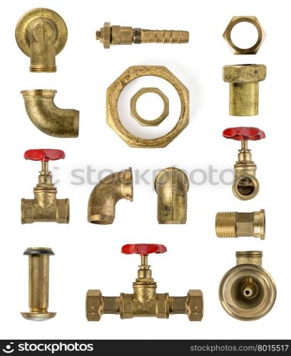 Valves, nuts, brackets and other metal parts isolated on white