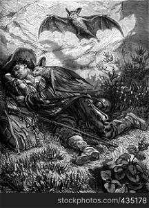 Vampires. The biggest vampire fell on the shoulder of Morales, vintage engraved illustration. Journal des Voyages, Travel Journal, (1879-80).