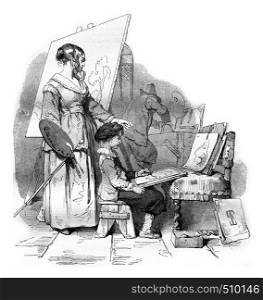 Van Dyck receiving his mother's drawing lesson, vintage engraved illustration. Magasin Pittoresque 1843.