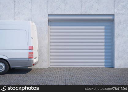 van near the garage with closed shutter door