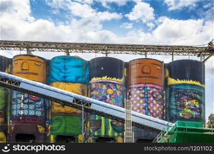 Vancouver British Columbia Canada on June 06, 2018 brightly painted silos in an industrial area. Silos in Vancouver British Columbia Canada