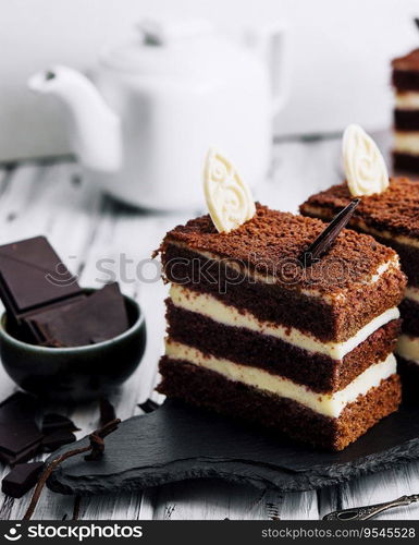 Vanilla and chocolate cake with chocolate slices