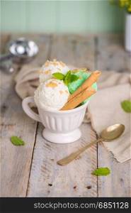 Vanilla and mint ice cream in cup on wooden vintage style background.