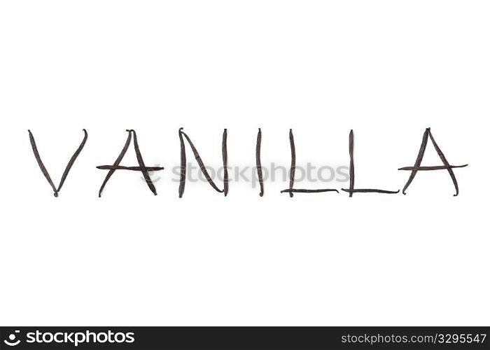 Vanilla beans, Vanilla planifolia in letters on white background