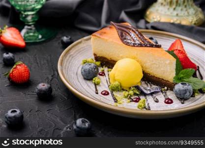 vanilla cheesecake with chocolate and berries