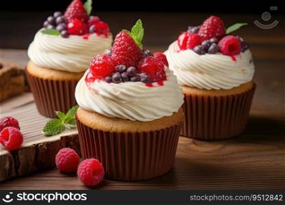 Vanilla cupcakes with cream and berries on a wooden table. Raspberry. blueberries and blueberries decorate a cake with cottage cheese cream. Vanilla cupcakes with cream and berries