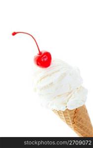 Vanilla ice cream, in a sugar cone, topped with a single, red cherry. Shot on white background.