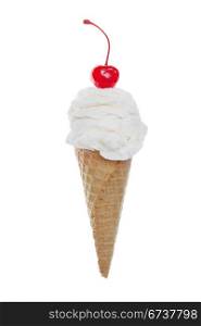 Vanilla ice cream in a sugar cone with cherry on top