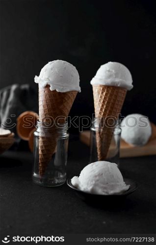 Vanilla Ice Cream in a waffle cones.. Vanilla Ice Cream.