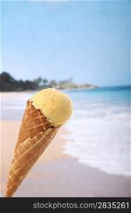 Vanilla ice cream on beach (angled)