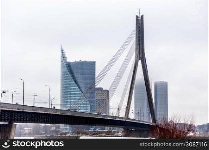 Vansu cable bridge with Riga downtown in the background, Latvia