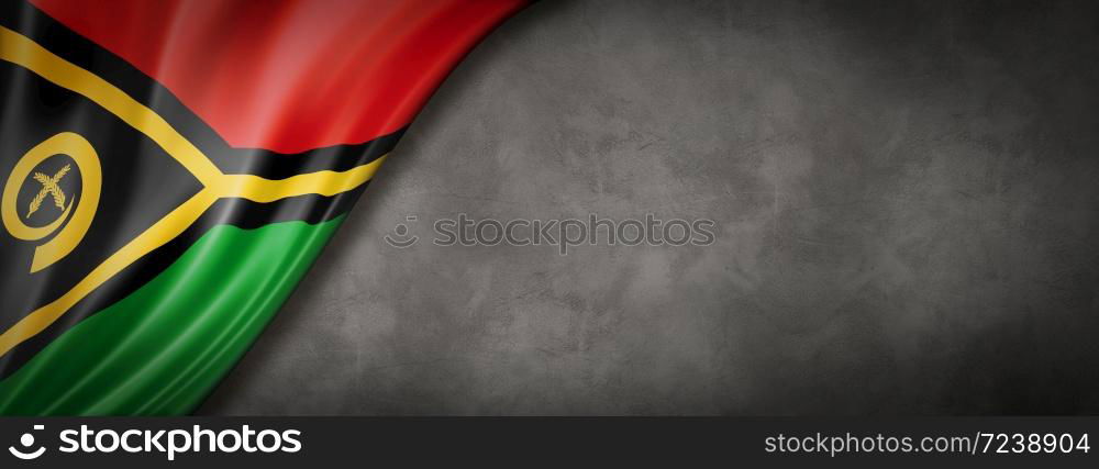 Vanuatu flag on concrete wall. Horizontal panoramic banner. 3D illustration. Vanuatu flag on concrete wall banner