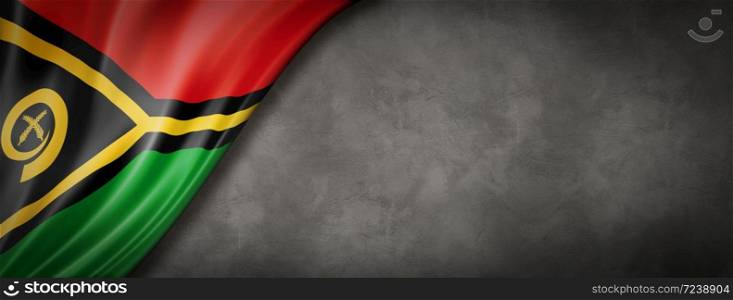 Vanuatu flag on concrete wall. Horizontal panoramic banner. 3D illustration. Vanuatu flag on concrete wall banner