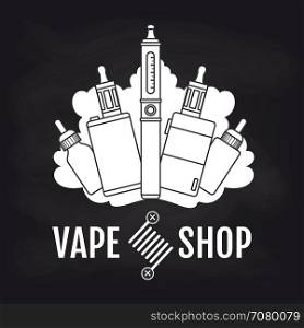Vape shop emblem design on blackboard. Vape shop emblem design. Vector vape e-cigarette logo on blackboard