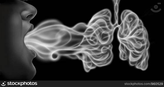 Vaping and lung disease health risk as a person exhaling steam smoke or vapor shaped as human lungs from an electronic cigarette in a 3D illustration style.