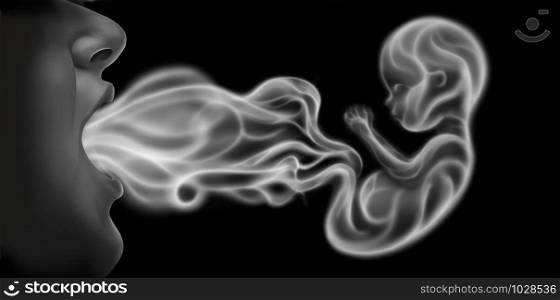 Vaping and pregnancy as a prenatal health risk as a person exhaling steam smoke or vapor shaped as a human unborn fetus from an electronic cigarette in a 3D illustration style.