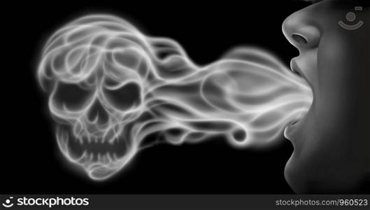 Vaping danger and toxic air health risk as a person exhaling steam smoke or vapor shaped as a human skull from an electronic cigarette in a 3D illustration style.