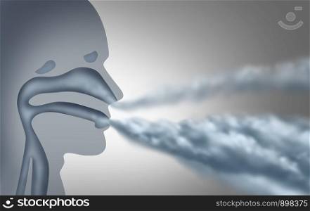 Vaping health effects and the human anatomy breathing vaporized steam from an electronic cigarette concept in a 3D illustration style.