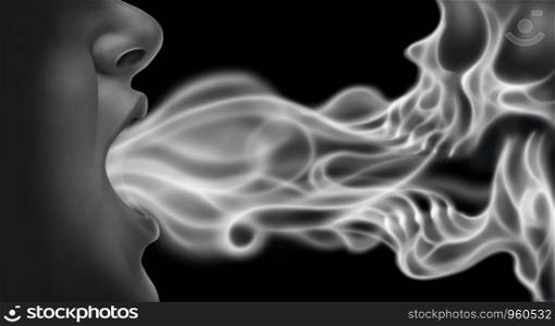 Vaping related disease health risk as a person exhaling steam smoke or vapor shaped as a death skull from an electronic cigarette in a 3D illustration style.