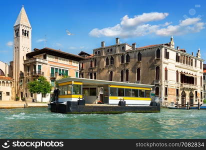 Vaporetto stop in Venice near ancient buildings, Italy