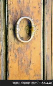 varese abstract rusty brass brown knocker in a closed wood door venegono italy