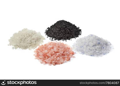 Variation of four types of salt on white background