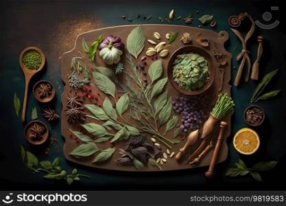 Variation of Herbs, spices and vegetables used for cooking . AI generated Illustration.