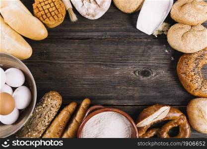 variety baked breads table with space text. High resolution photo. variety baked breads table with space text. High quality photo