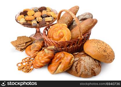 Variety bread products (buns, bread, biscuits, crackers) isolated on white background. Clipping path. Top view.