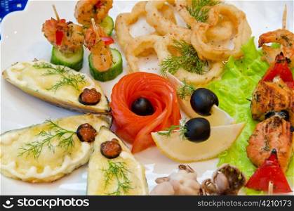 variety eatable seafood set closeup