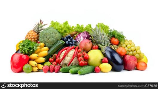 Variety healthy fruits, vegetables, berries isolated on white background.