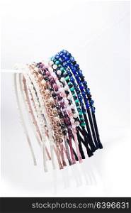 Variety jewelry headbands for female hair in the shop. Handmade. Variety of headbands