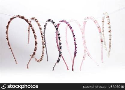 Variety jewelry headbands for female hair in the shop. Handmade. Variety of headbands