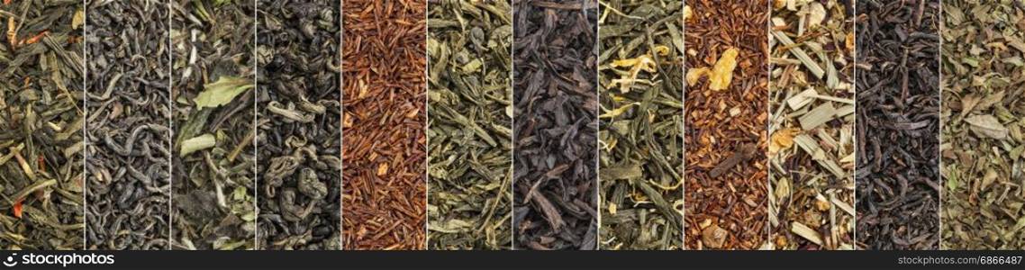 variety of black, green, white, red and herbal tea - a collage of macro background shots of loose leaves