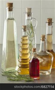 Variety of bottles with homemade organic vinegar