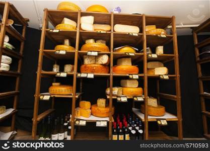 Variety of cheese in shelves at store