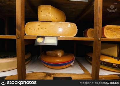 Variety of cheese on shelves at store
