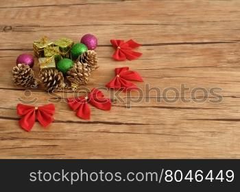 Variety of Christmas decorations on a wooden background