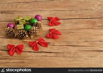 Variety of Christmas decorations on a wooden background