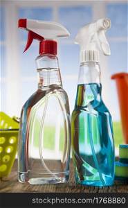 Variety of cleaning products, equipment background